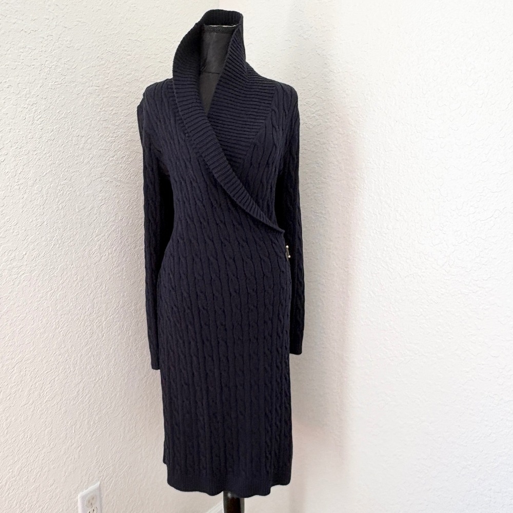 Lauren Ralph Lauren Cable Knit Wrap Dress, Womens Large Navy Blue - Picture 3 of 15